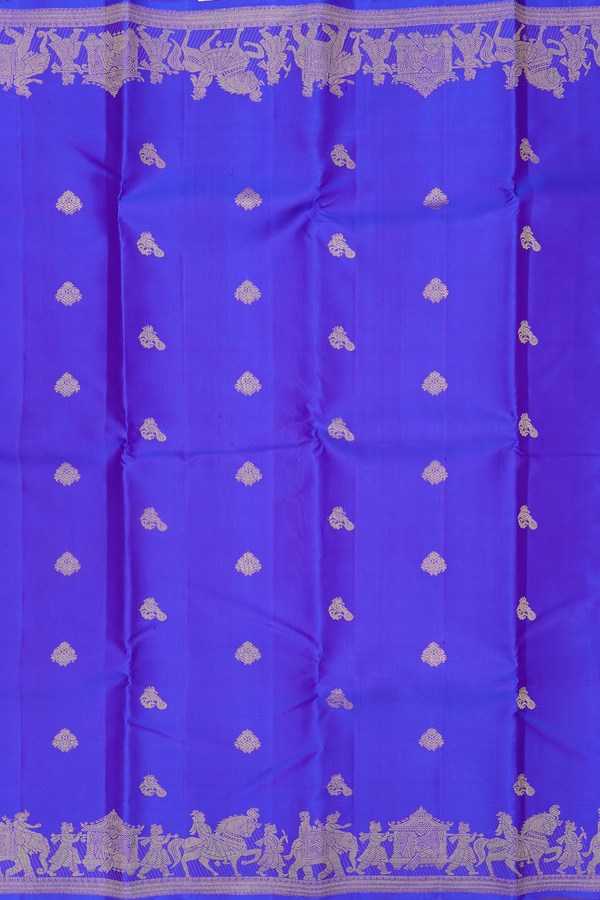 Kanchipuram Silk Saree In Indigo Blue With Peacock Buttas