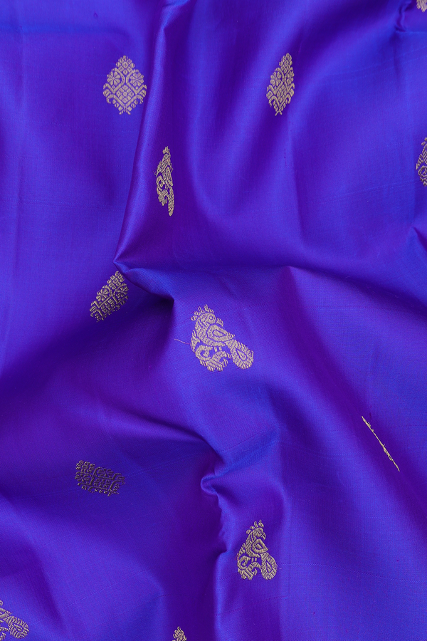Kanchipuram Silk Saree In Indigo Blue With Peacock Buttas