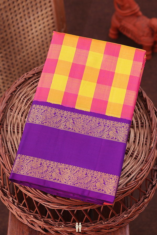 Kanchipuram Silk Saree In Pink And Yellow With Checks Design