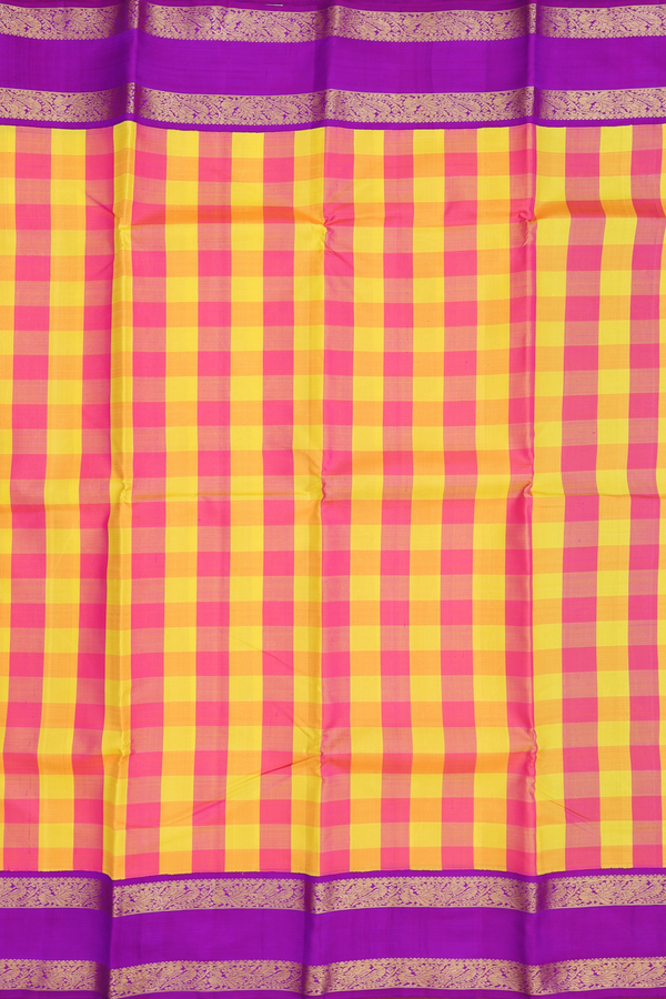 Kanchipuram Silk Saree In Pink And Yellow With Checks Design