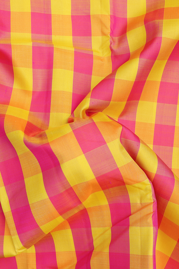 Kanchipuram Silk Saree In Pink And Yellow With Checks Design
