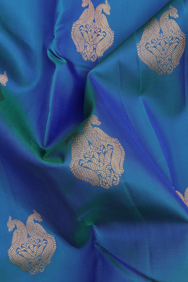 Kanchipuram Silk Saree In Blue With Iruthalai Pakshi Motifs