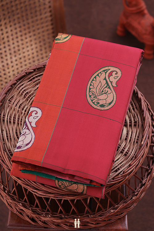 Kanchipuram Silk Saree In Red And Orange With Paisley Design
