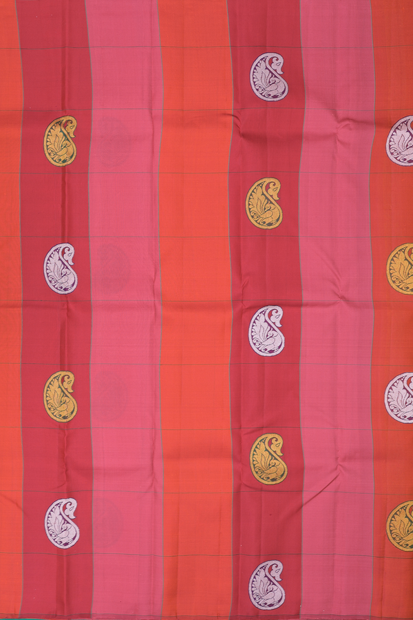 Kanchipuram Silk Saree In Red And Orange With Paisley Design