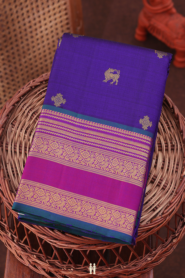 Kanchipuram Silk Saree In Blue With Yali Buttas