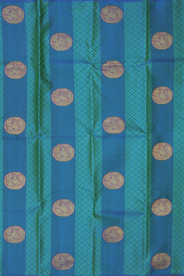 Kanchipuram Silk Saree In Teal Blue Along Stripes With Motifs