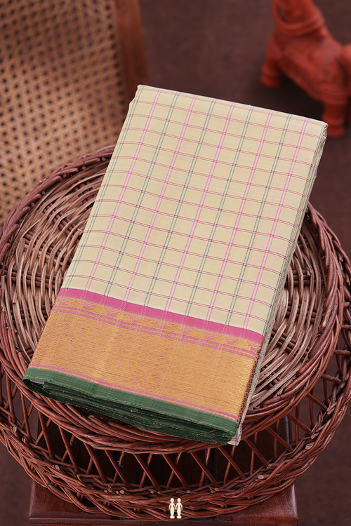 Kanchipuram Silk Saree In Cream Color With Checks Design