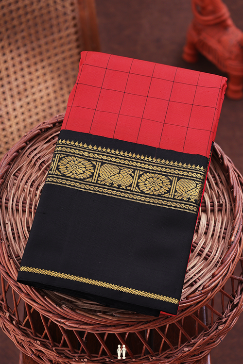 Kanchipuram Silk Saree In Scarlet Red With Checks Design