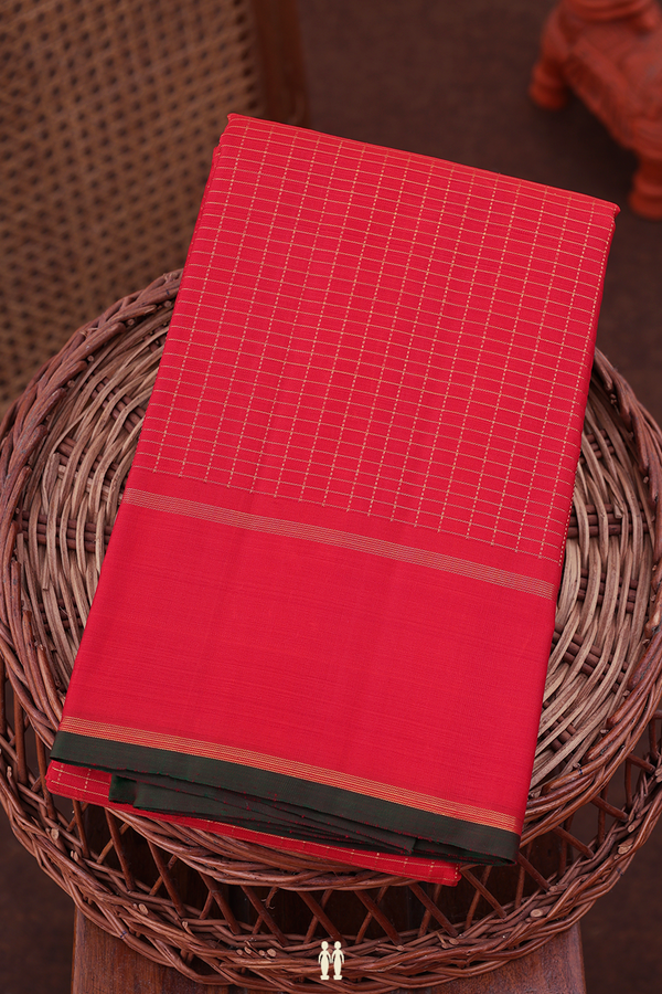 Kanchipuram Silk Saree In Scarlet Red With Checks Design