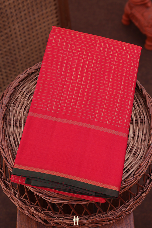 Kanchipuram Silk Saree In Scarlet Red With Checks Design