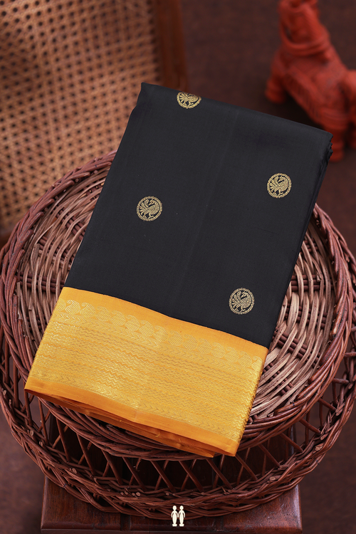 Kanchipuram Silk Saree In Black With Circle Buttas