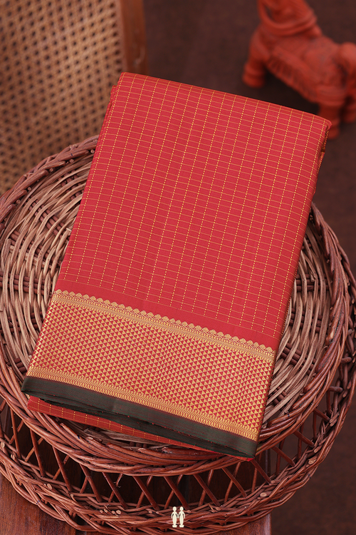 Kanchipuram Silk Saree In Crimson Red With Checks Design