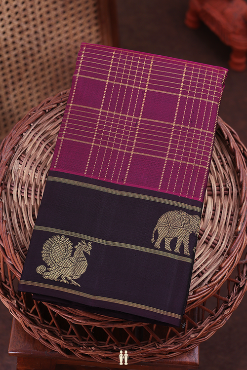 Kanchipuram Silk Saree In Plum Purple With Checks Design