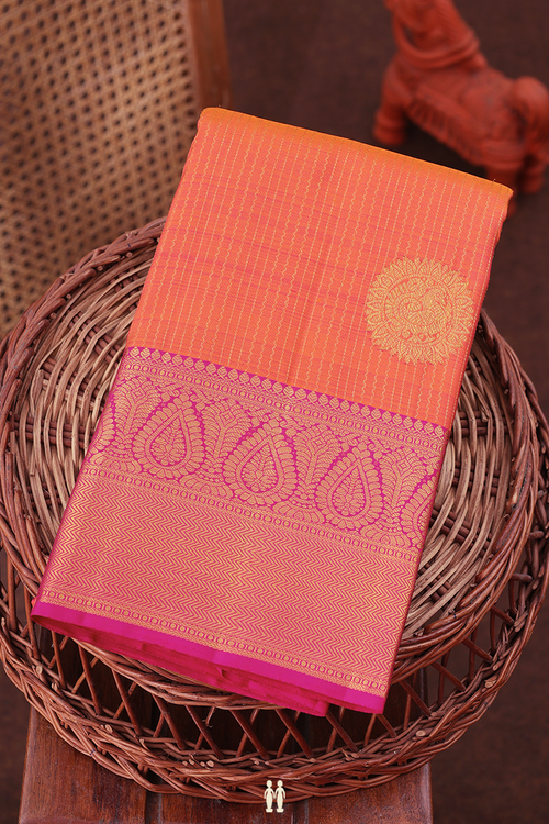 Kanchipuram Silk Saree In Pink Along Stripes With Motifs