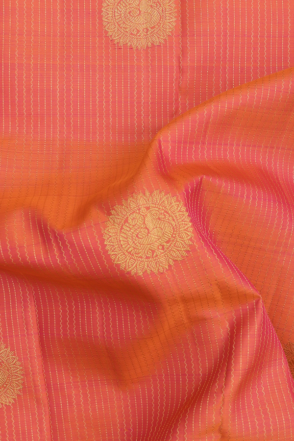 Kanchipuram Silk Saree In Pink Along Stripes With Motifs