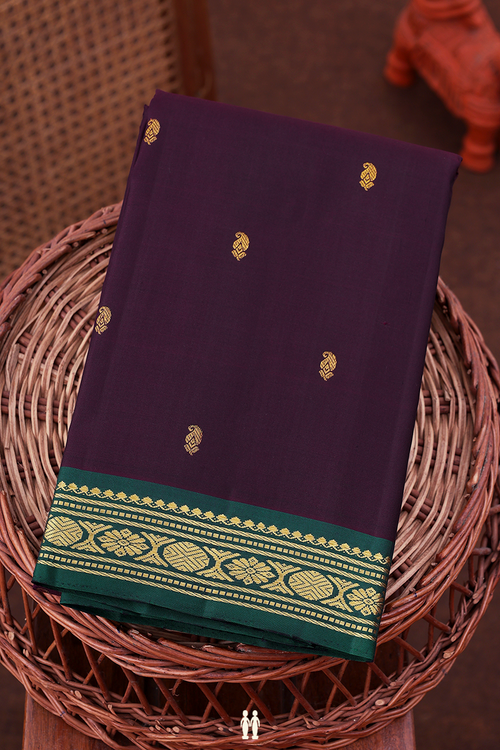 Kanchipuram Silk Saree In Dark Oak Brown With Paisley Buttas