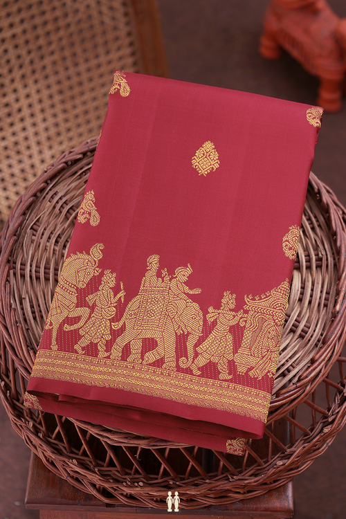 Kanchipuram Silk Saree In Red With Peacock Buttas
