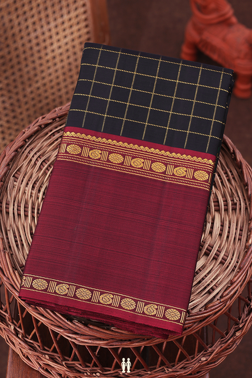 Kanchipuram Silk Saree In Black With Checks Design