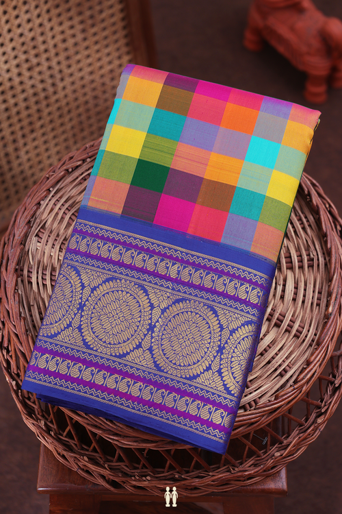 Kanchipuram Silk Saree In Multicolor With Checks Design