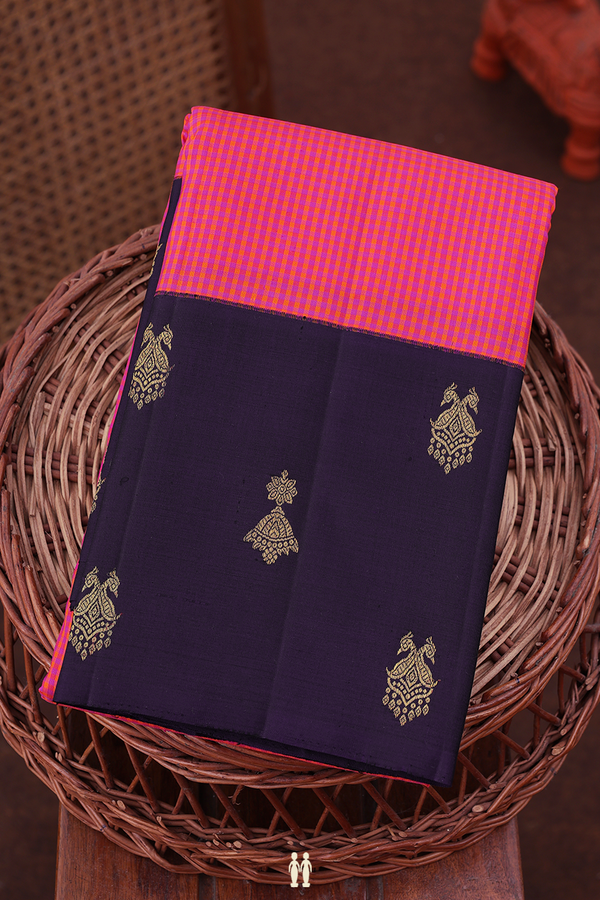 Kanchipuram Silk Saree In Magenta And Orange With Checks Design