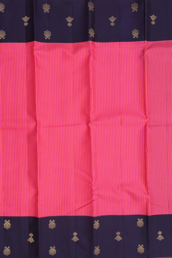 Kanchipuram Silk Saree In Magenta And Orange With Checks Design