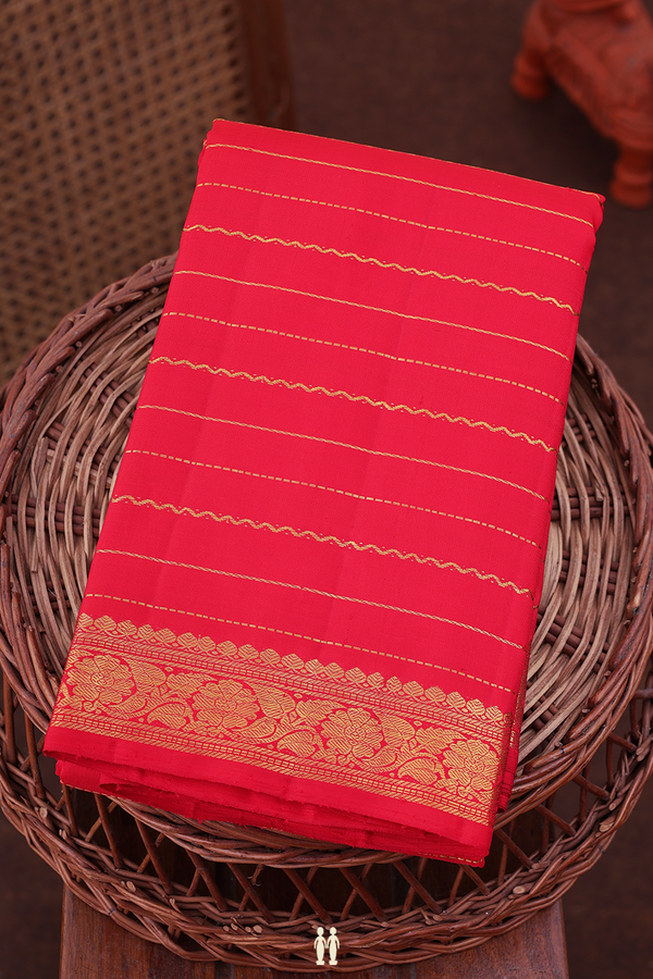 Kanchipuram Silk Saree In Chilli Red With Stripes Design