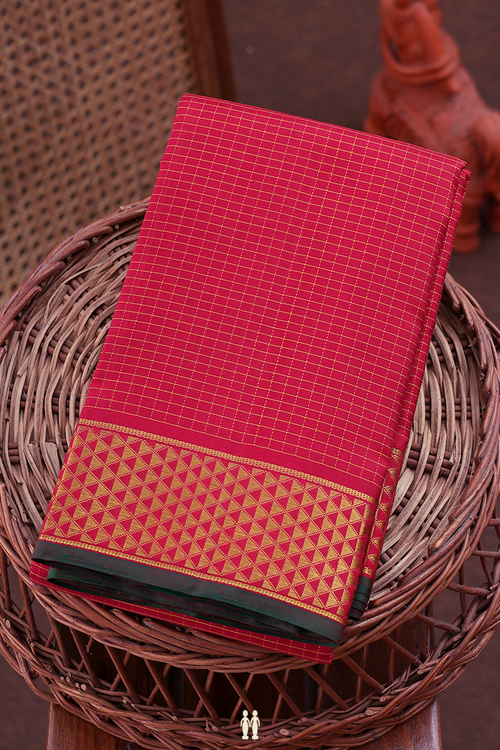Kanchipuram Silk Saree In Crimson Red With Checks Design