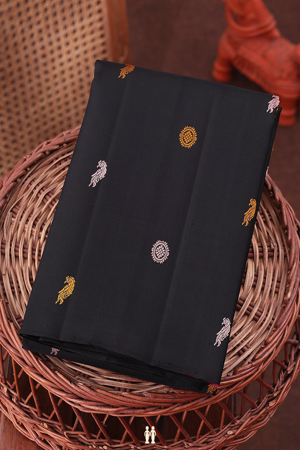 Kanchipuram Silk Saree In Black With Peacock Buttas