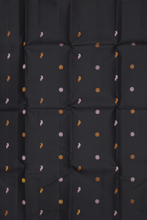 Kanchipuram Silk Saree In Black With Peacock Buttas