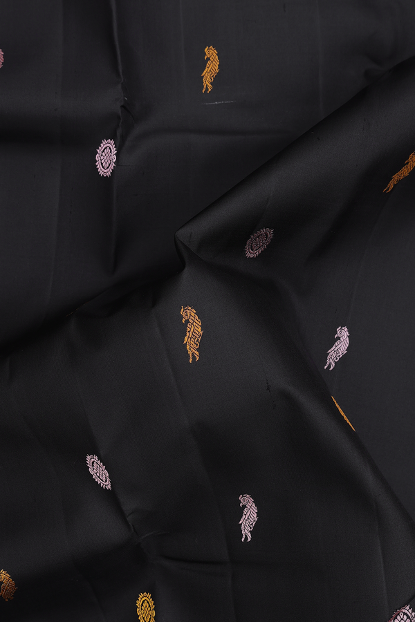 Kanchipuram Silk Saree In Black With Peacock Buttas