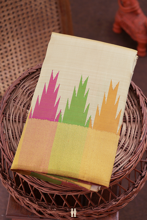 Kanchipuram Silk Saree In Pastel Khaki With Temple Border