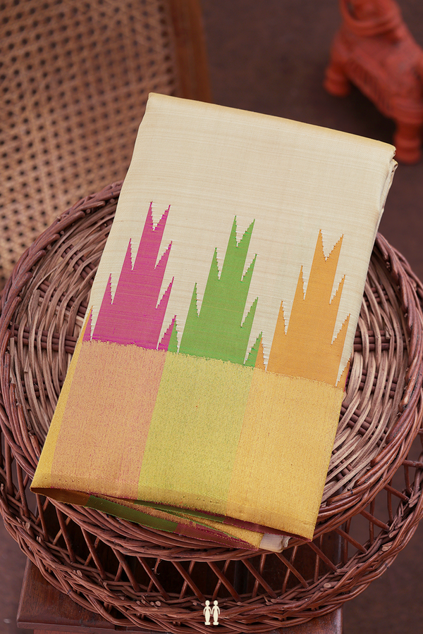 Kanchipuram Silk Saree In Pastel Khaki With Temple Border