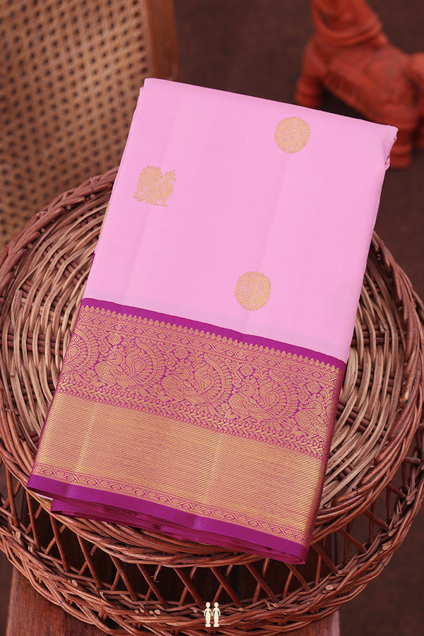 Kanchipuram Silk Saree In Lotus Pink With Peacock Buttas