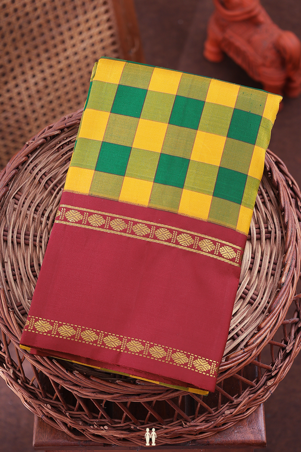 Kanchipuram Silk Saree In Green And Yellow With Checks Design