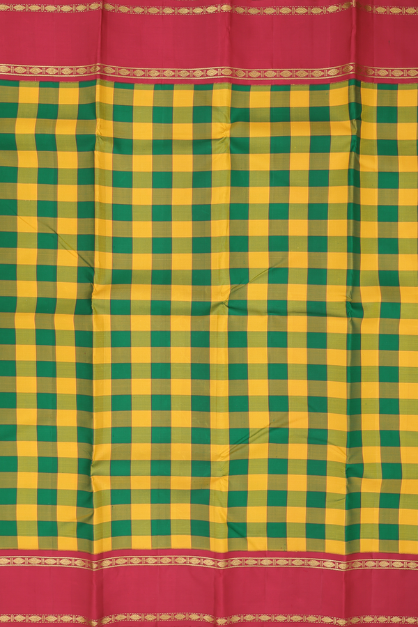 Kanchipuram Silk Saree In Green And Yellow With Checks Design