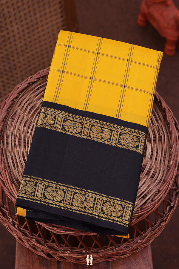 Kanchipuram Silk Saree In Saffron Yellow With Checks Design
