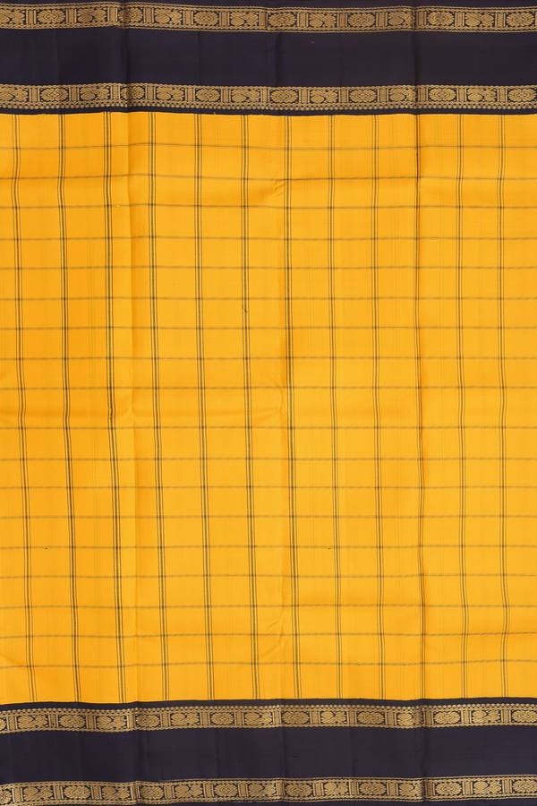 Kanchipuram Silk Saree In Saffron Yellow With Checks Design