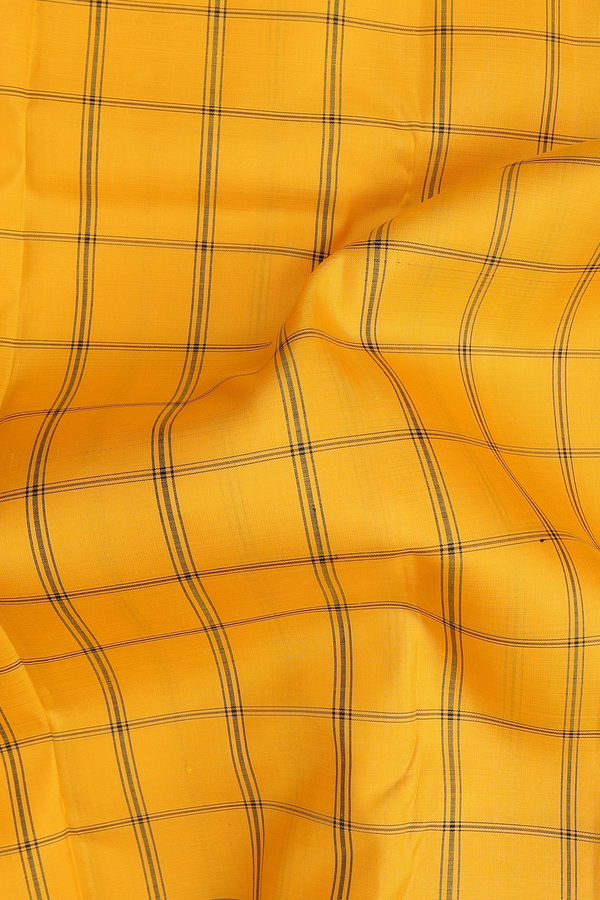 Kanchipuram Silk Saree In Saffron Yellow With Checks Design