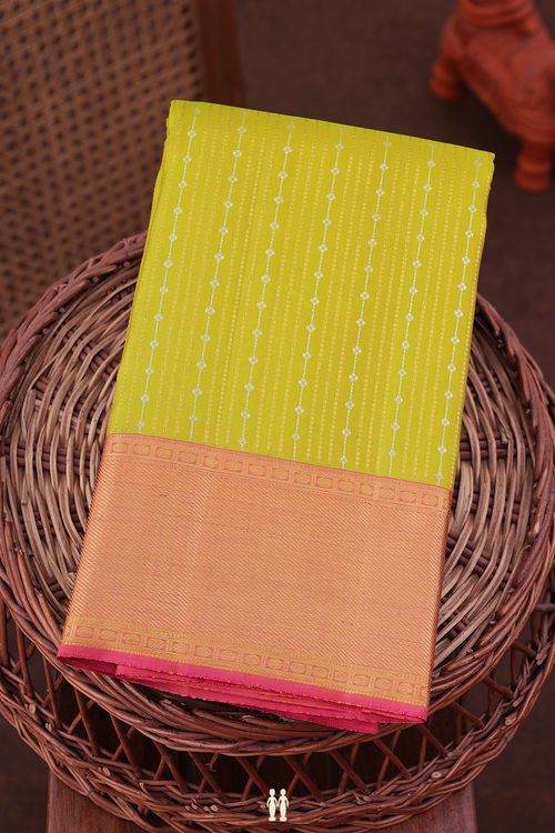 Kanchipuram Silk Saree In Olive Yellow With Stripes Design