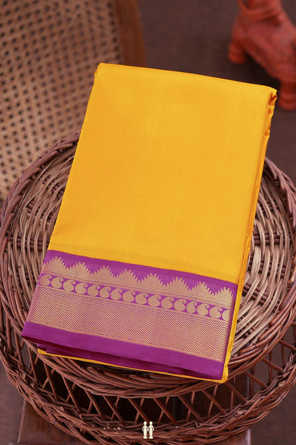 Kanchipuram Silk Saree In Saffron Yellow With Contrast Border