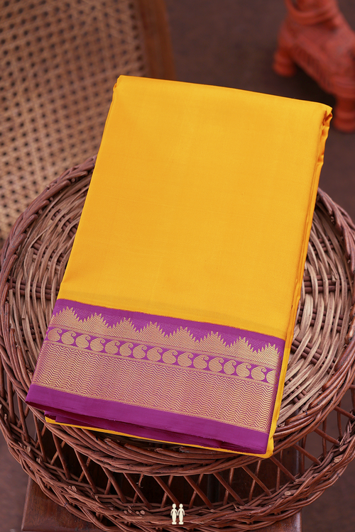 Kanchipuram Silk Saree In Saffron Yellow With Contrast Border