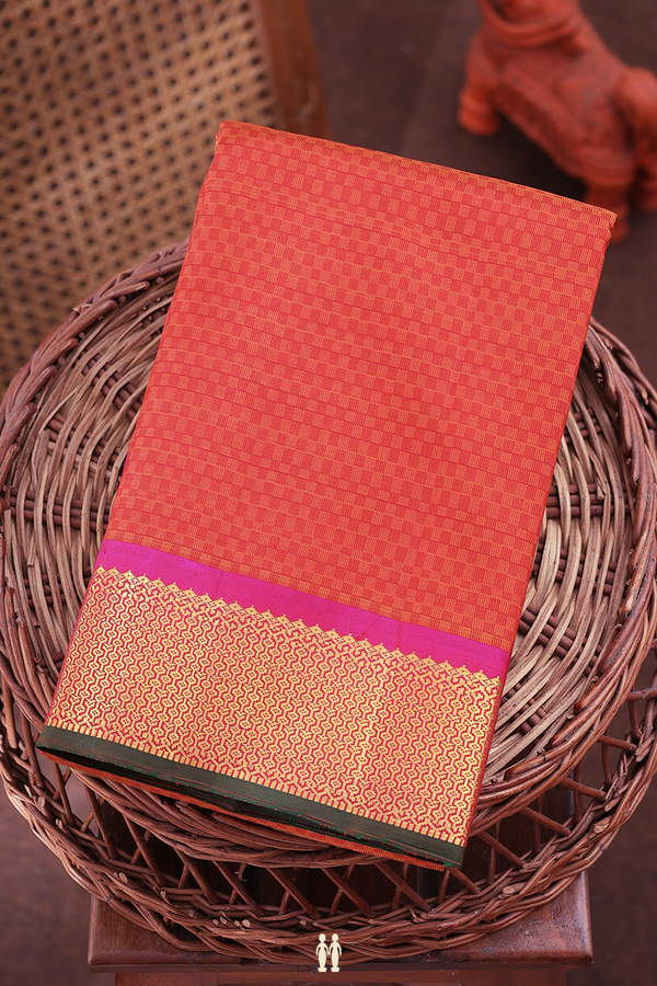 Kanchipuram Silk Saree In Orange With Paai Madippu Kattam Design