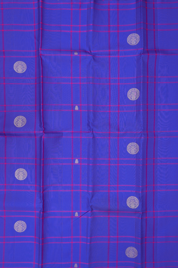 Kanchipuram Silk Saree In Blue Along Checks With Motifs