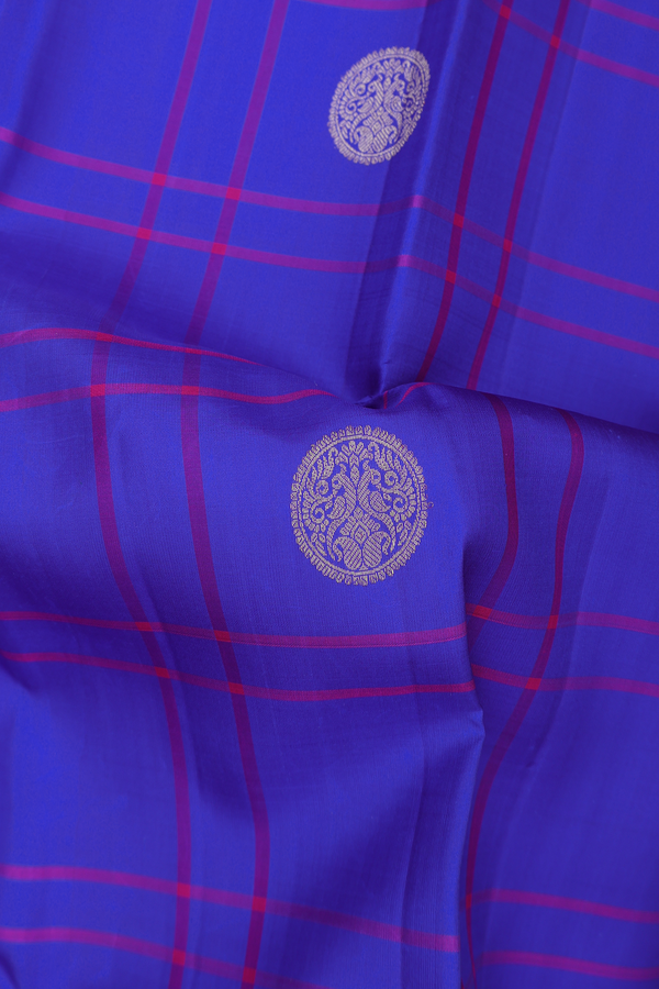 Kanchipuram Silk Saree In Blue Along Checks With Motifs