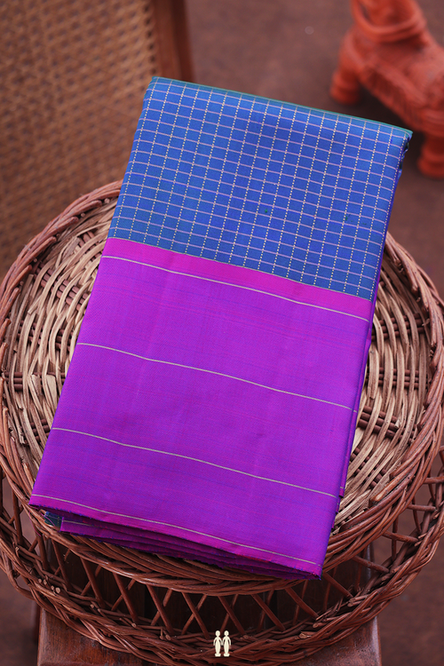 Kanchipuram Silk Saree In Capri Blue With Checks Design