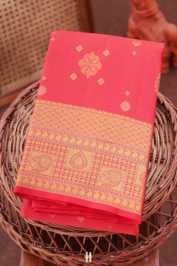 Kanchipuram Silk Saree In Coral Orange With Stripes Along Buttas