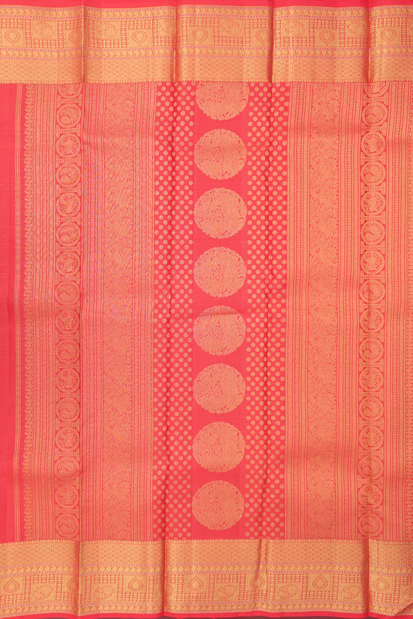 Kanchipuram Silk Saree In Coral Orange With Stripes Along Buttas