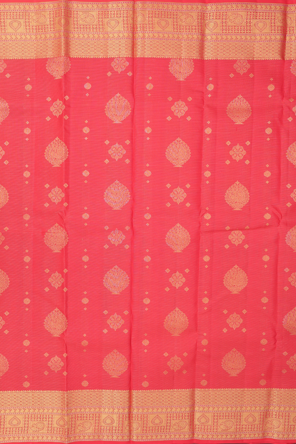 Kanchipuram Silk Saree In Coral Orange With Stripes Along Buttas