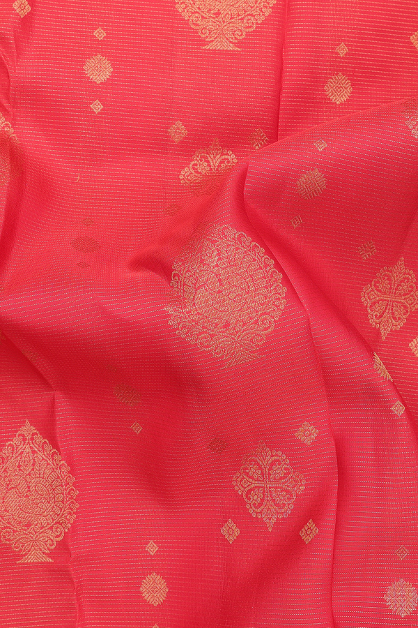 Kanchipuram Silk Saree In Coral Orange With Stripes Along Buttas