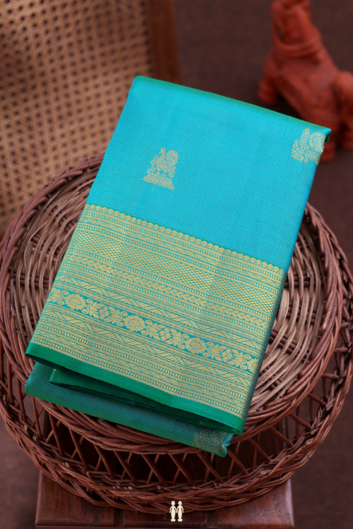 Kanchipuram Silk Saree In Peacock Blue With Stripes Design